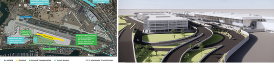 이번 프로젝트를 통해 새롭게 태어날 터미날1의 모습(왼쪽)과 항공 조감도. [출처: San Diego County Regional Airport Authority]