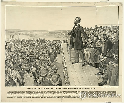 에이브러햄 링컨 대통령이 1863년 11월 19일 게티스버그 국립묘지 봉헌식에서 연설하는 모습의 그림으로 1905년 작품. [AP/의회도서관=연합뉴스]