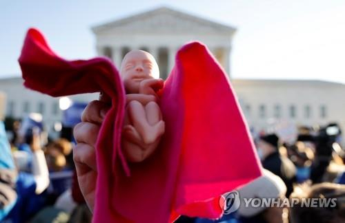 지난 1일 연방대법원 앞에서 낙태에 반대하는 활동가가 태아 모형을 들고 시위를 벌이고 있다. [로이터]