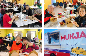지난달 30일 한국 퓨전 음식 전문 먹자푸드트럭에서 한스시니어학당 어르신에게 퓨전 비빔밥과 치즈 핫도그 70인분을 전달, 음식 잔치를 열었다. 