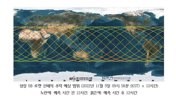 중국이 유인우주정거장 건설을 목표로 25톤까지 탑재가 가능하도록 만든 우주발사체 '창정5B호' 로켓 잔해 추락 예상 범위. 노란색 선은 예측 시간 전 12시간, 붉은색 선은 예측 시간 후 12시간이다. 사진 주 베이징 한국대사관, 한국천문연구원 우주환경감시기관 제공