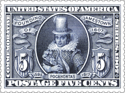 제임스타운은 1607년 북미대륙 최초로 세원진 영국 이주민의 정착지였다. 이를 기념한 1907년 발행된 우표. 포카혼타스 (1595-1617) 초상이 그려져 있다.