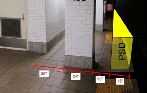 컬럼비아대 인근 맨해튼 168스트리트역의 모습. 15인치 두께의 스크린도어(노란색 PSD)를 설치할 경우 장애인보호법에 따라 보장돼야하는 32인치 공간을 확보할 수 없다.  [사진 MTA]