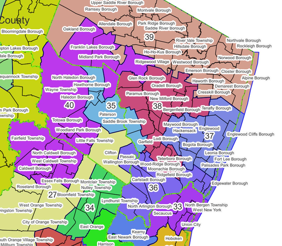 지난 18일 최종 확정된 뉴저지주의회 선거구 재조정안 중 뉴저지 북동부 지역을 확대한 모습. 새 선거구 획정 결과는 2023년 주상·하원의원 선거부터 적용되며 2030년까지 지속된다. [사진 뉴저지선거구재조정 위원회]