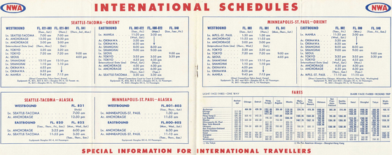 1948년에 서울을 왕복하던 노스웨스트 비행 스케줄표. 시애틀 출발 서울행은 841편(목, 토, 월요일)으로 오후 4시5분에 도착하며, 서울 출발 시애틀행은 840편(일, 화, 금요일)으로 오전 9시에 출발한다고 적혀 있다. 당시 서울에서 LA까지 편도 항공권 가격은 675달러였다. [참고: 노스웨스트히스토리 웹사이트]