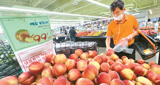 한인마켓들이 재고가 넘치면서 한국산 식품을 할인하고 더불어 복숭아와 자두 같은 제철 과일도 세일하고 있다. 김상진 기자 
