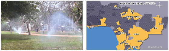 LA카운티 일부 지역의 절수령으로 야외 잔디 물주기 등이 금지된다. 오른쪽 그래픽은 야외 물사용이 제한되는 LA카운티 지역. 김상진 기자