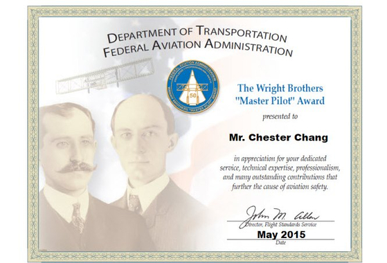 지난 2015년 5월 연방항공청(FAA)이 체스터 장 박사에게 수여한 '라이트형제 마스터 파일럿' 상장. [FAA 웹사이트]