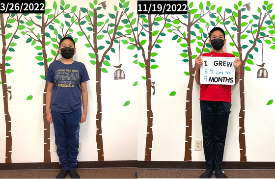 '아이 성장 클리닉'에서 성장 호르몬 주사 치료를 받은 학생의 치료 2개월 때 모습(왼쪽)과 치료 9개월 차에 촬영한 사진(오른쪽). 