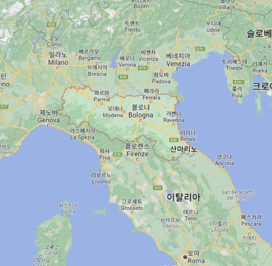 홍수 피해가 커지고 있는 이탈리아 북부 에밀리아-로마냐주(빨간 점선). 사진 구글 지도 캡처