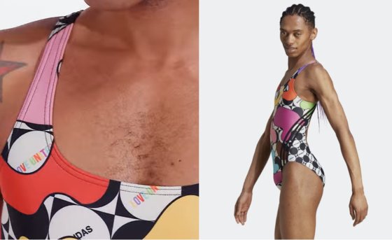 아디다스가 지난 15일 내놓은 '프라이드 2023' 컬렉션의 여성 수영복 모습. 남성으로 보이는 모델이 새 수영복을 선보이고 있다. 사진 아디다스 홈페이지 캡처 