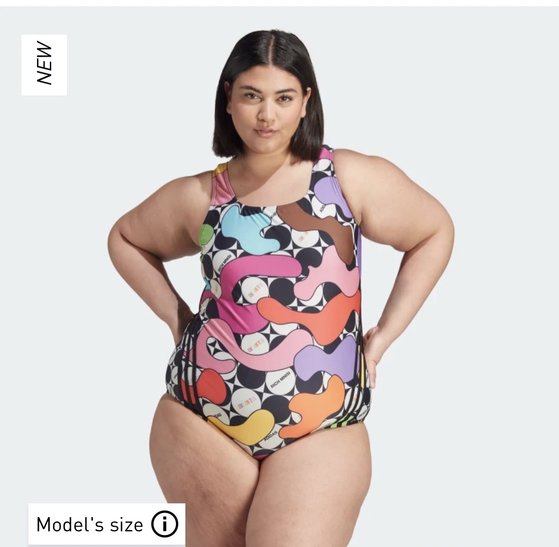 아디다스가 지난 15일 내놓은 '프라이드 2023' 컬렉션의 여성 수영복 플러스 사이즈 모델 모습. 사진 아디다스 홈페이지 캡처 