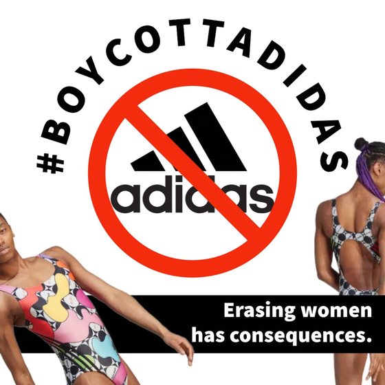소셜미디어(SNS)에서 여성 수영복 광고에 남성으로 보이는 모델을 쓴 아디다스에 대한 불매운동이 전개되고 있다. 아디다스 로고를 금지하는 표시에 '여성을 지우는 것은 이런 결과를 낳는다'라는 문구가 적혀 있다. 사진 트위터 캡처 