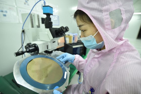 지난 2월 중국 장쑤성 쑤첸시에 위치한 한 반도체 공장에서 직원이 반도체 칩을 살펴보고 있다. AFP=연합뉴스