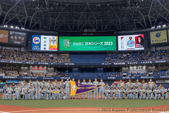 한신 선수들이 일본시리즈 우승 후 기념 사진을 찍고 있다. /NPB 홈페이지