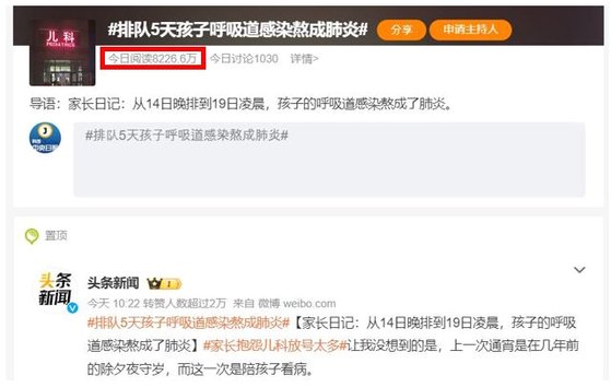 중국 SNS 웨이보(微博)의 인기 태그 ‘대기 5일째 아이 호흡기 감염증이 폐렴으로 번졌다’의 경우 1일 현재 조회수가 8200만이 넘지만 웨이보 실시간 랭킹에선 찾아볼 수 없다. 사진 웨이보 캡처