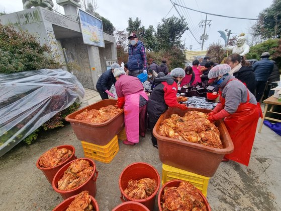 1일 전남 강진군 남미륵사(주지 석법흥)에서 3만 포기의 김장 비빔 나눔 행사가 열렸다. 사진 남미륵사