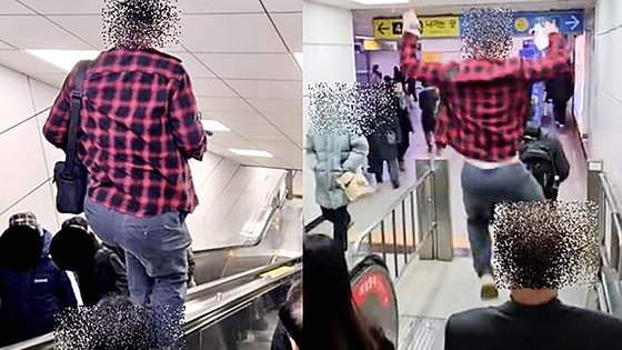  지난 3일 지하철 수원역에서 체크무늬 셔츠를 입은 남성이 에스컬레이터 위에 올라가 장난을 치다 뛰어내리는 모습을 담은 영상이 엑스(X, 옛 트위터)에서 확산하고 있다. 사진 엑스 캡처