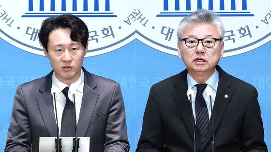  더불어민주당 이탄희(왼쪽), 홍성국 의원이 13일 오전 서울 여의도 국회에서 각각 제22대 국회의원 선거(총선) 불출마 선언 기자회견을 하고 있다. 뉴스1