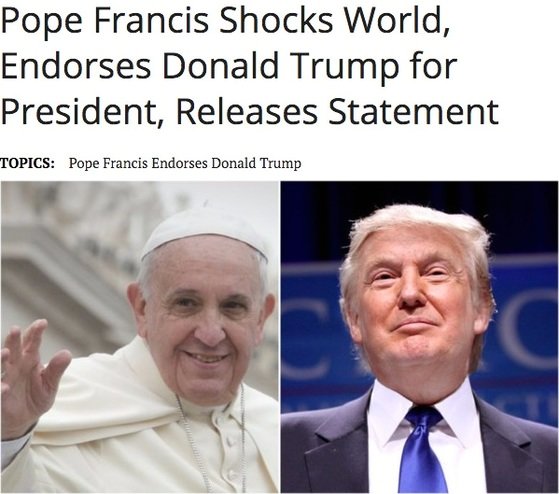 2016년 미국 대선 때 ‘프란치스코 교황이 도널드 트럼프 후보 지지를 선언했다’며 유포된 가짜뉴스. 중앙포토