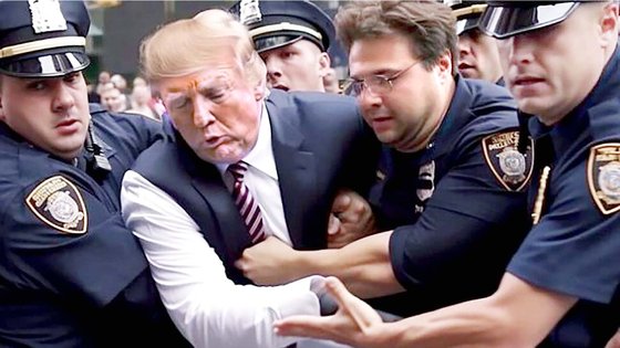  도널드 트럼프 전 미국 대통령이 경찰에 체포되는 모습의 가짜 사진. 인공지능(AI)이 생성한 가짜 사진으로 소셜미디어를 통해 급속히 퍼졌다. 사진 소셜미디어 캡처