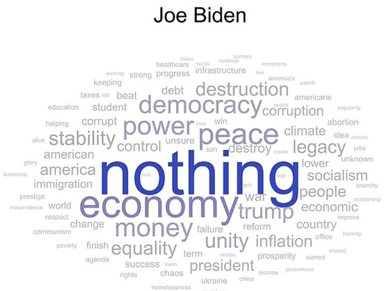 데일리메일이 27일(현지시간) 공개한 바이든 2기 행정부에 대한 연상어. 가장 많은 미국의 유권자들은 바이든 2기 행정부를 상징하는 말로 '아무 것도 없음(Nothing)'이란 단어를 꼽았다. 데일리메일