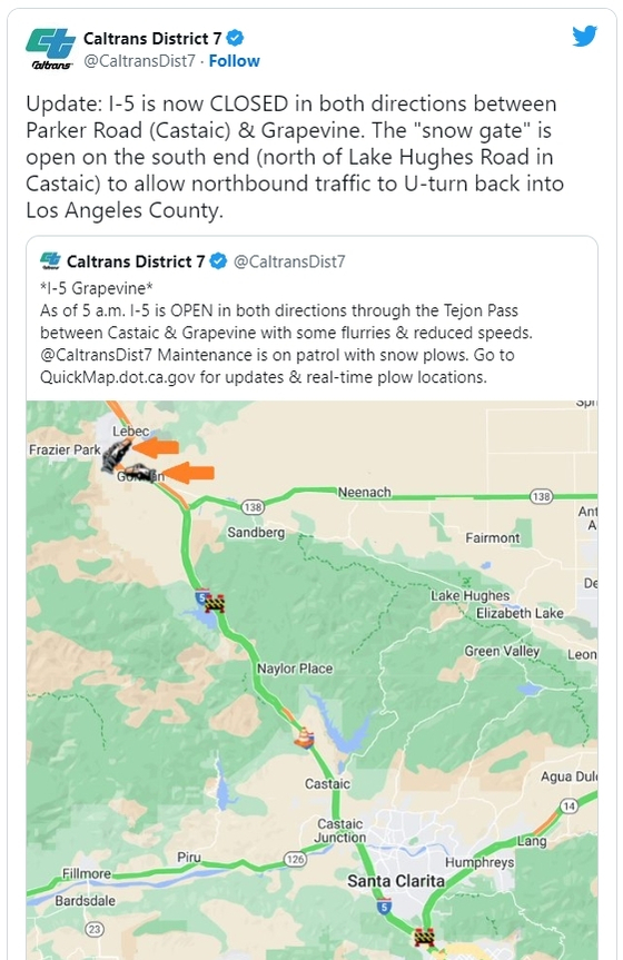 가주고속도로순찰대(CHP)는 1일 오전 5번 프리웨이 '그레이프바인' 구간이 폭설로 차량 통행이 위험한 상황이라면서 남북 양쪽 차선을 모두 폐쇄한다고 밝혔다. [ABC7 뉴스]