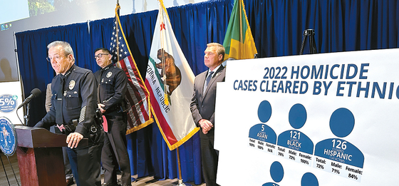 28일 마이클 무어(왼쪽) LAPD 국장이 지난해 LA시의 살인사건 통계를 발표하고 있다. 김상진 기자