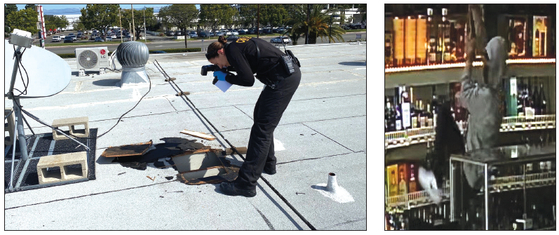 사건 발생 다음 날인 지난 27일 CSI 요원이 절도범들이 뚫은 지붕을 조사하고 있다. (왼쪽 사진) 절도범이 천장에서 밧줄을 타고 내려오는 모습이 CCTV에 잡혔다. [문민석씨 제공]