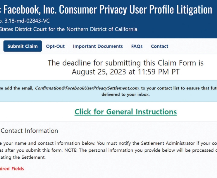 페이스북의 정보유출 합의금을 신청할 수 있는 웹사이트.
