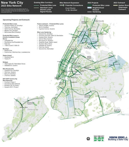 24일 뉴욕시 교통국(DOT)이 발표한 2023년 자전거 도로 네트워크.  [뉴욕시 교통국]