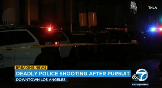 LA 다운타운서 경찰에 쫓기던 용의자가 경찰이 쏜 총에 맞아 숨지는 사건이 일어났다. [ABC7 뉴스]