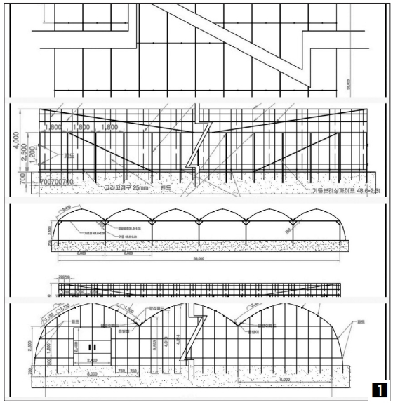 (1) 한국식 재배방식인 육묘 전용 그린하우스 설계 도면.