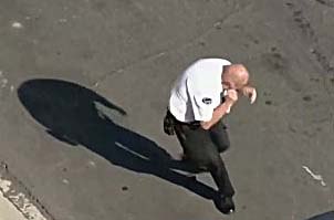 15일 LAPD 웨스트 밸리 지부의 자원봉사자 게리가 벌뗴의 공격을 받고 있다. [트위터 캡처]