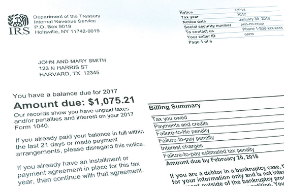 세금보고 기한이 자동 연장됐음에도 일부 가주 납세자들에게 세금 납부 통지(CP14)가 발송돼 논란이 되고 있다. IRS가 공개한 CP14 견본.