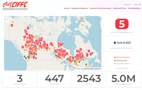 캐나다통합산불방제센터 전국 산불 지도