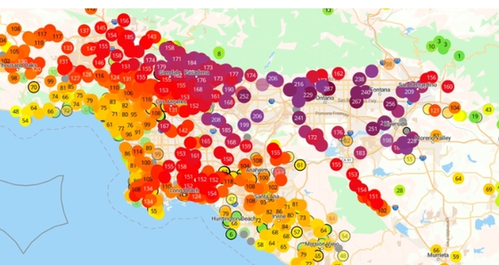 5일 LA카운티 일부 지역의 대기 질은 중국이나 인도보다 더 나쁜 수준인 것으로 나타났다. [KTLA5 뉴스]