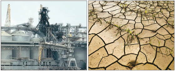 흑해곡물협정 종료와 극한 가뭄으로 지구촌 식량 위기에 대한 우려가 커지고 있다. 사진은 러시아에 의해 파괴된 우크라이나 곡물 터미널(왼쪽)과 가뭄으로 갈라진 프랑스 농장지대. [로이터]