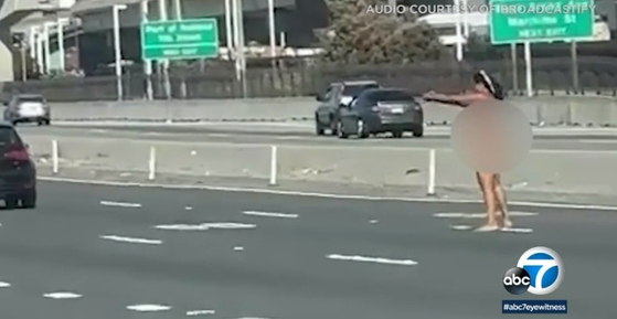 샌프란시스코와 오클랜드를 잇는 베이브릿지 위에서 지난 25일 오후 한 여성이 나체로 돌아다니며 지나가는 차량을 향해 권총을 발사하는 사건이 일어났다. [ABC7 뉴스]