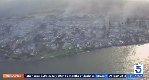 하와이 산불로 인한 인명과 재산 피해가 급증하고 있다. 10일 오후 5시 현재 53명이 숨지고 1700채 이상의 가옥이 불탔다. [KTLA5 뉴스]