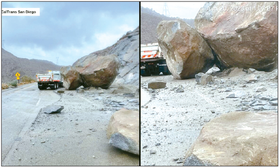 8번 프리웨이 인코파 출구 인근에서 발생한 산사태로 바위가 굴러 내려와 가주 도로교통국 직원들이 복구작업을 벌이고 있다. [가주 도로교통국 홈페이지 캡처]