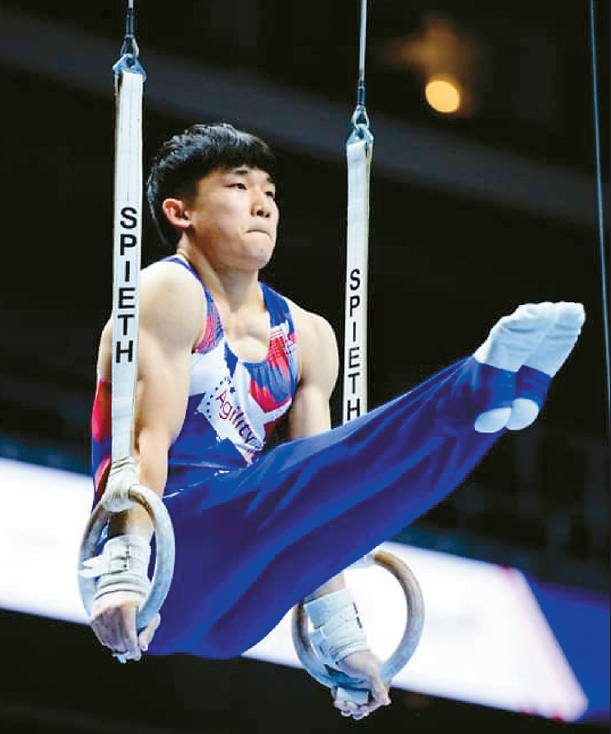 지난 8월26일 열린 'US 짐내스틱스 챔피언십 대회'에서 저스틴 박 군이 링(SR) 기술을 선보이고 있다. [USA Gymnastics Facebook 캡처]