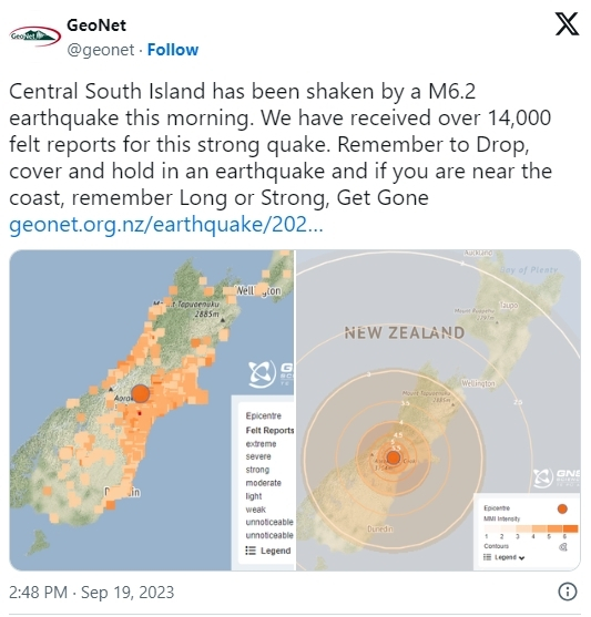 뉴질랜드 남섬 내륙에 현지시간으로 19일 오전 9시 14분 규모 6.2 지진이 발생했다. 아직 피해 규모는 보고되지 않았다. [지오넷 제공]