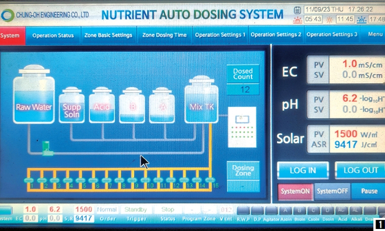 처방전에 맞춰 배합한 비료를 딸기에게 자동으로 공급하는 양액기 컨트롤 모니터.