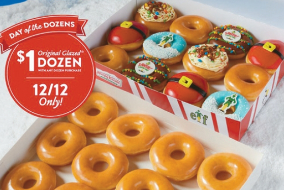 도넛 체인점 크리스피크림은 오늘(12일) 도넛 12개를 사는 고객에게 오리지널 글레이즈드 도넛 12개를 1달러에 할인 판매한다. [크리스피크림 캡쳐]