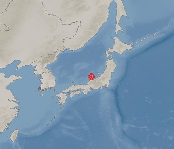 일본 도야마현(혼슈) 도야마 북북서쪽 83km 지역(북위37.40, 동경136.90)에서 규모 5.5 여진이 발생했다. 사진 일본기상청(JMA)