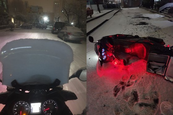 지난 6일 눈이 쌓인 서울 강서구의 한 도로와 같은 날 운행 도중 쓰러진 오토바이. 사진 독자제공 