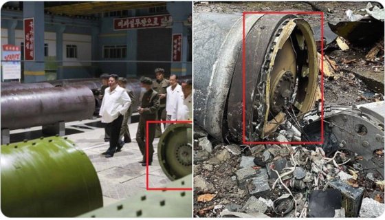 지난해 8월 김정은 북한 국무위원장이 군수 공장을 시찰할 당시 공개된 북한판 이스칸데르(KN-23)로 추정되는 무기 사진(왼쪽)과 지난 2일 우크라이나 북동부 하르키우에 러시아가 발사한 미사일 잔재의 모습(오른쪽). X(옛 트위터) 계정 @IntelCatalyst 캡처