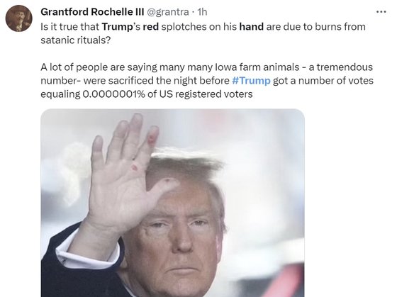 트럼프 전 미국 대통령의 손바닥에 정체를 확인할 수 없는 붉은색 얼룩이 포착된 것과 관련 미국의 한 네티즌은 '주술'과 관련이 있다는 주장을 펼쳤다. X계정 캡쳐