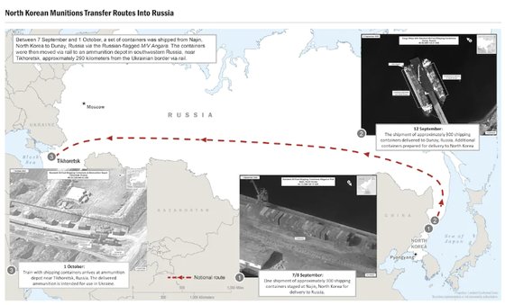 지난해 10월 13일(현지시간) 백악관이 공개한 북한이 러시아에 탄약을 제공하는 경로와 관련 위성사진. 백악관.